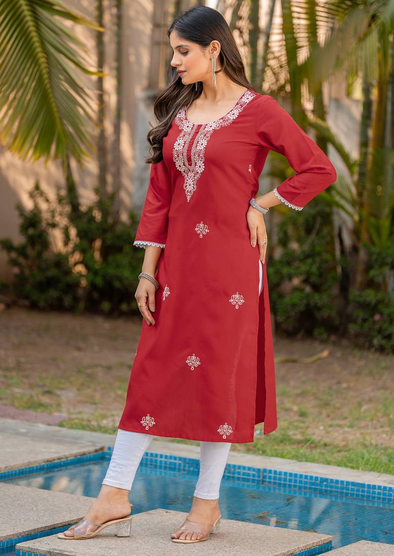Red cotton blend chikankari embroidered kurta for women