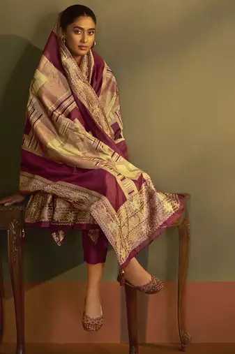 Maroon jacquard art silk kurta set with cotton bottom & silk blend dupatta