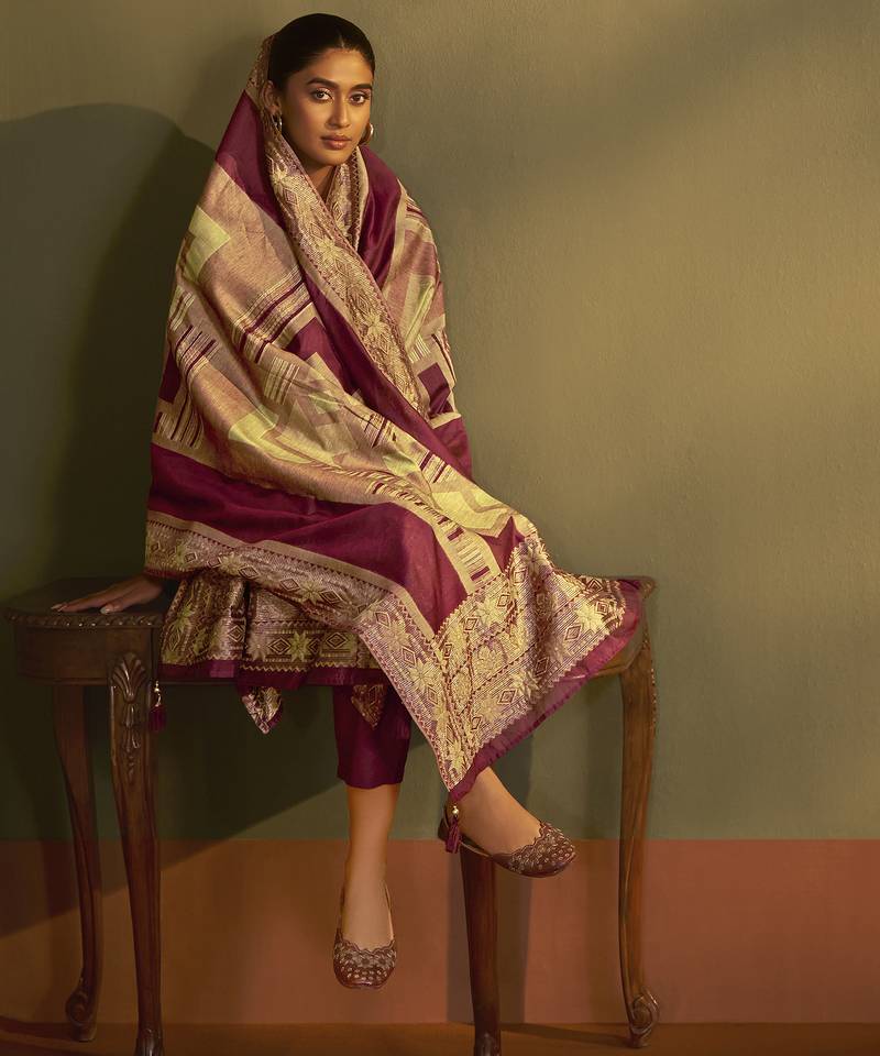 Maroon jacquard art silk kurta set with cotton bottom & silk blend dupatta