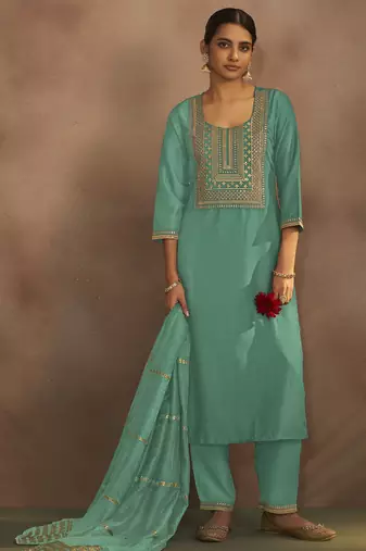 Pista chinnon embroidered kurta set with jacquard dupatta