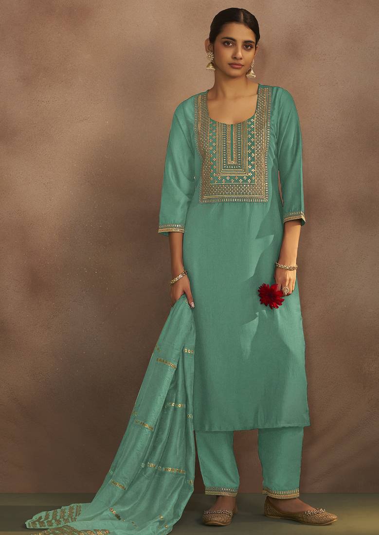 Pista chinnon embroidered kurta set with jacquard dupatta