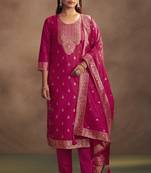Women's rani jacquard art silk straight kurta set with cotton bottom & silk blend dupatta