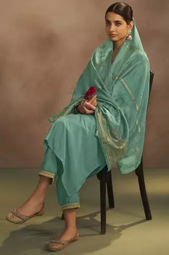 Pista chinnon embroidered kurta set with jacquard dupatta
