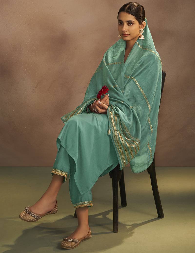 Pista chinnon embroidered kurta set with jacquard dupatta