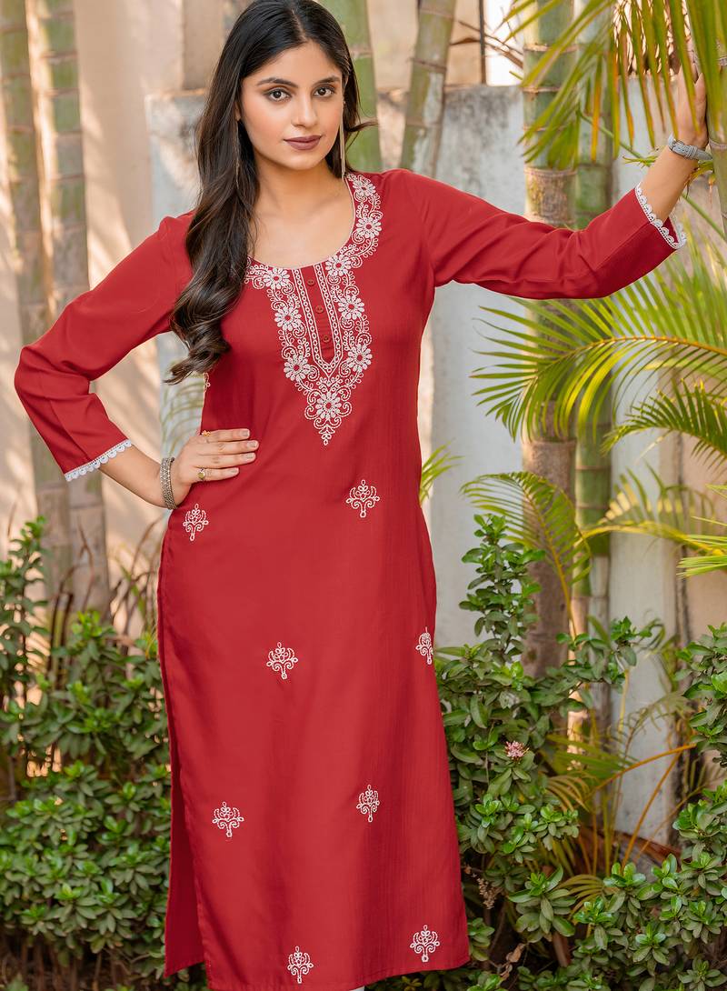 Red cotton blend chikankari embroidered kurta for women
