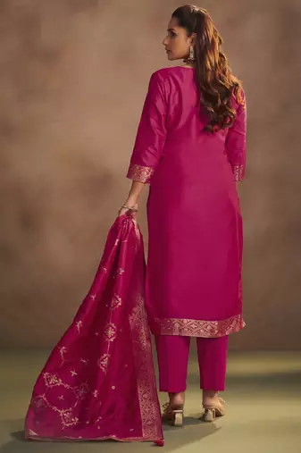 Women's rani jacquard art silk straight kurta set with cotton bottom & silk blend dupatta
