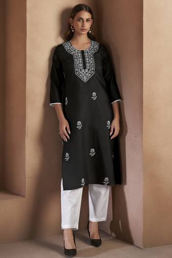 Black cotton blend chikankari embroidered kurta for women