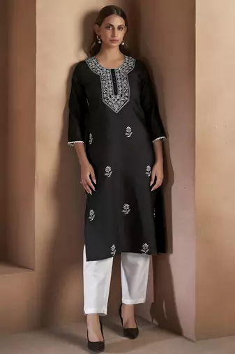 Black cotton blend chikankari embroidered kurta for women