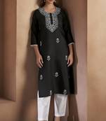 Black cotton blend chikankari embroidered kurta for women