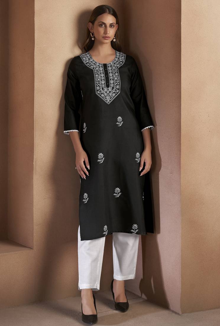 Black cotton blend chikankari embroidered kurta for women