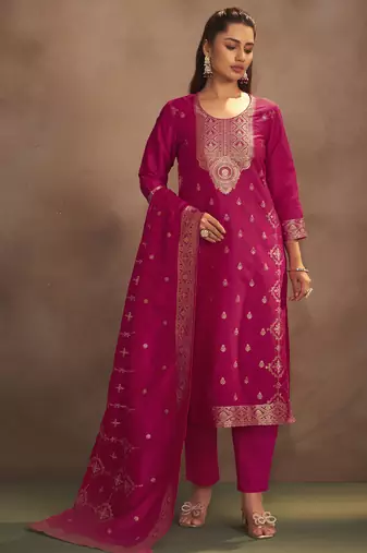 Women's rani jacquard art silk straight kurta set with cotton bottom & silk blend dupatta