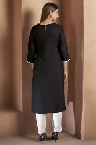 Black cotton blend chikankari embroidered kurta for women