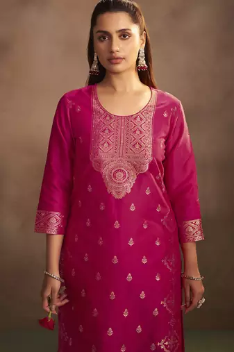 Women's rani jacquard art silk straight kurta set with cotton bottom & silk blend dupatta