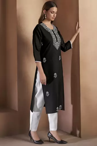 Black cotton blend chikankari embroidered kurta for women