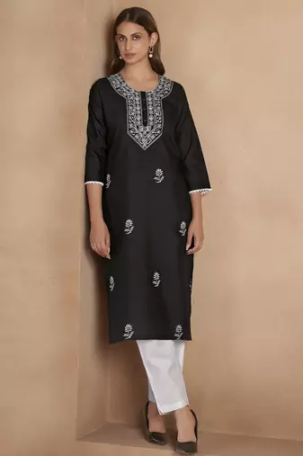 Black cotton blend chikankari embroidered kurta for women