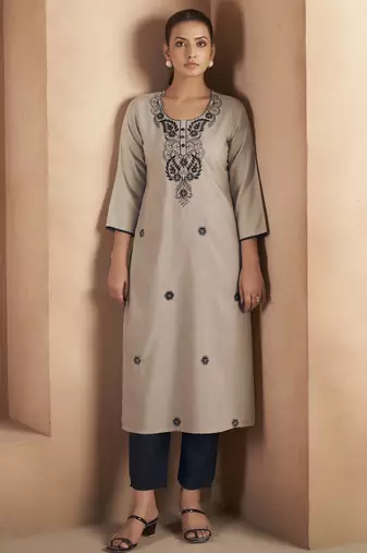 Light brown cotton blend chikankari embroidered kurta for women