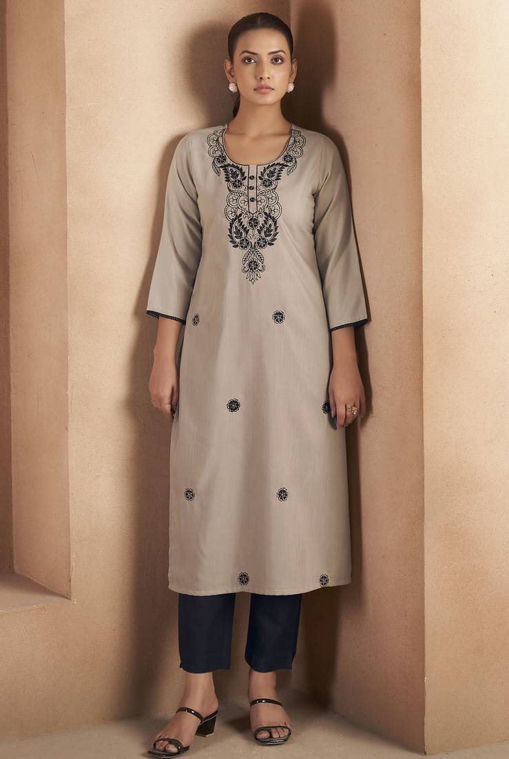 Light brown cotton blend chikankari embroidered kurta for women