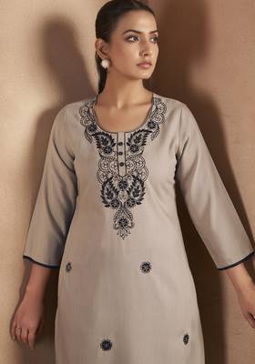 Light brown cotton blend chikankari embroidered kurta for women 3