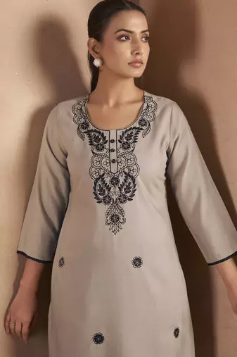 Light brown cotton blend chikankari embroidered kurta for women