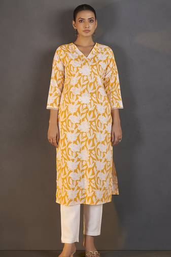 Yellow pure cotton floral printed kurta for women