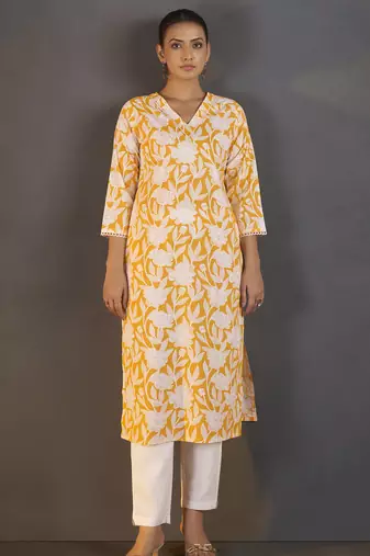 Yellow pure cotton floral printed kurta for women
