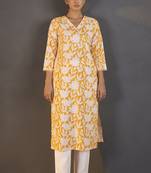 Yellow pure cotton floral printed kurta for women