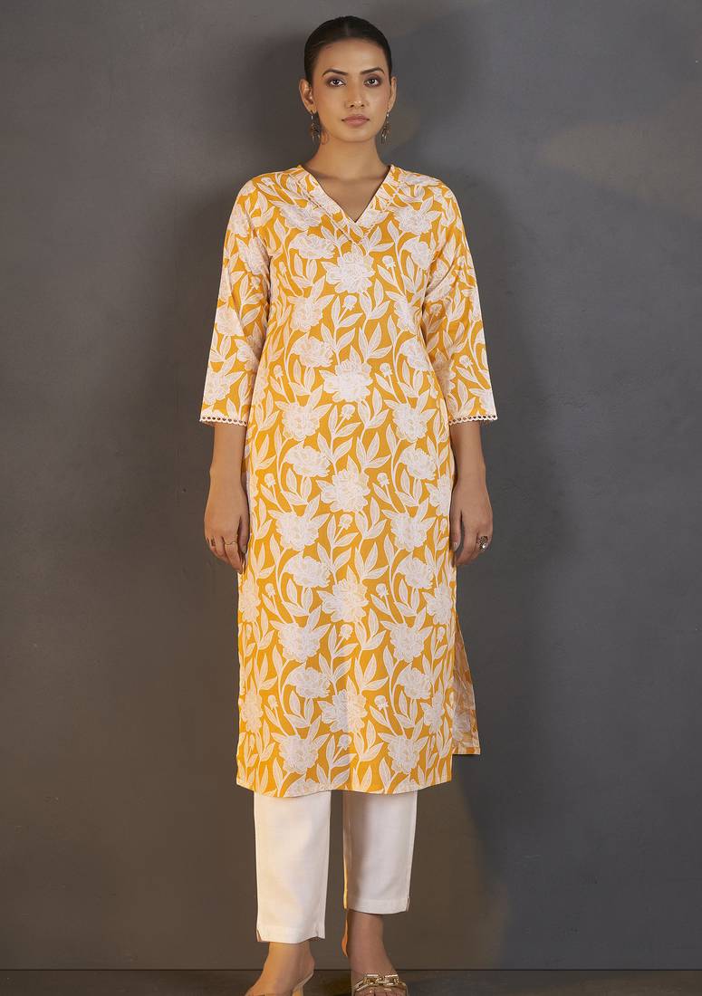 Yellow pure cotton floral printed kurta for women