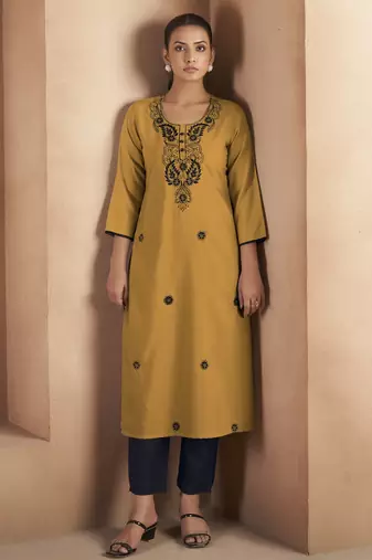 Musterd cotton blend chikankari embroidered kurta for women