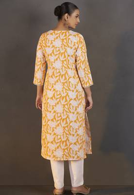 Yellow pure cotton floral printed kurta for women 2