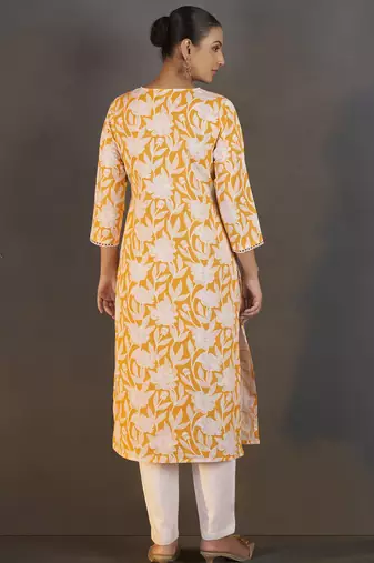 Yellow pure cotton floral printed kurta for women