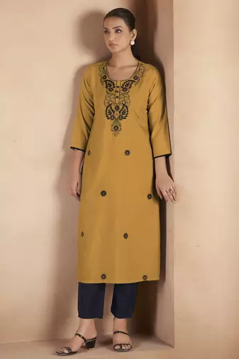 Musterd cotton blend chikankari embroidered kurta for women