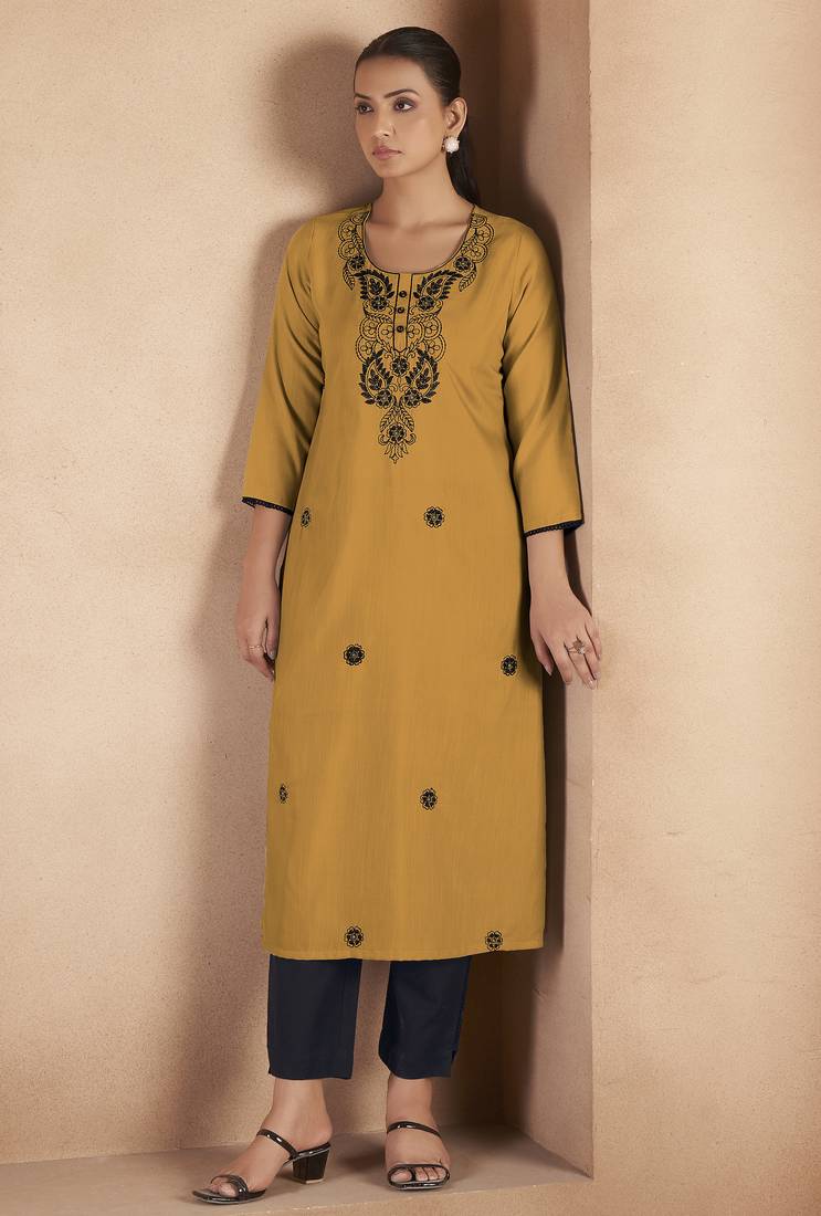 Musterd cotton blend chikankari embroidered kurta for women