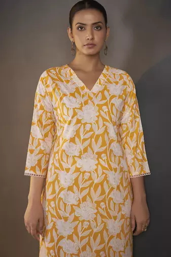 Yellow pure cotton floral printed kurta for women