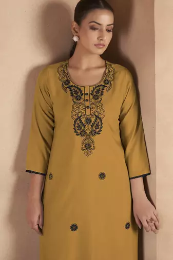 Musterd cotton blend chikankari embroidered kurta for women