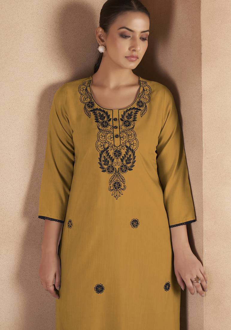 Musterd cotton blend chikankari embroidered kurta for women