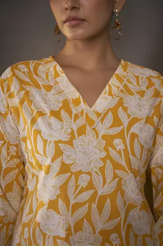 Yellow pure cotton floral printed kurta for women