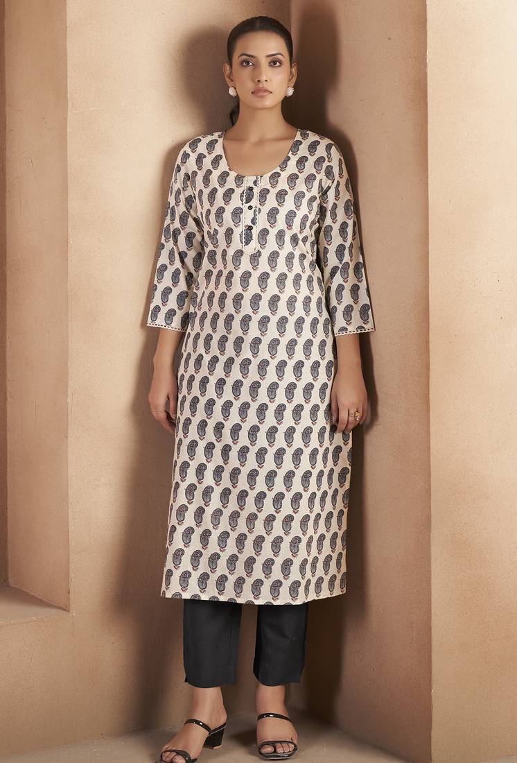 Cream & black pure cotton paisley printed kurta for women