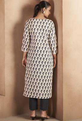Cream & black pure cotton paisley printed kurta for women 2