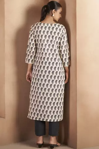 Cream & black pure cotton paisley printed kurta for women