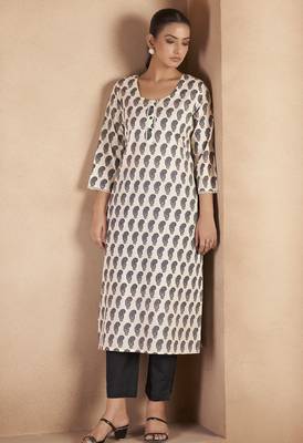 Cream & black pure cotton paisley printed kurta for women 3