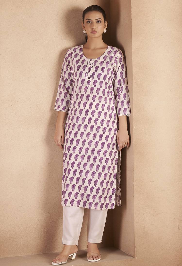 Cream & wine pure cotton paisley printed kurta for women