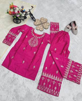 Alluring Heavy Pure Creap Embroidery Work Rani Pink Readymade Salwar Suit 7