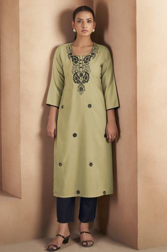 Pista green cotton blend chikankari embroidered kurta for women