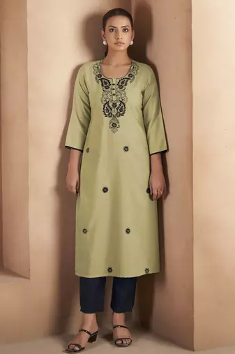 Pista green cotton blend chikankari embroidered kurta for women