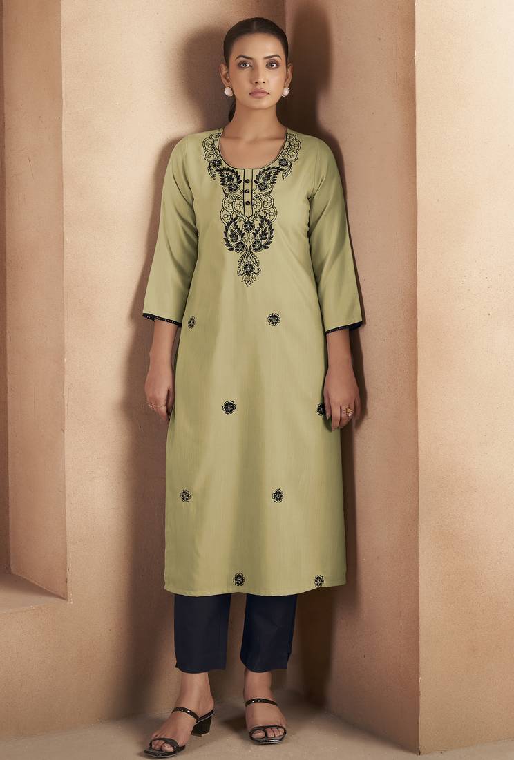 Pista green cotton blend chikankari embroidered kurta for women