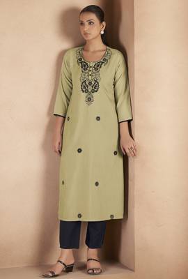 Pista green cotton blend chikankari embroidered kurta for women 2