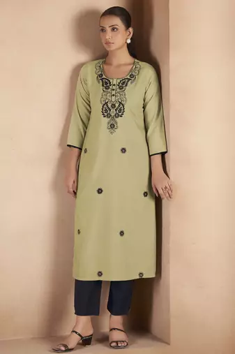 Pista green cotton blend chikankari embroidered kurta for women