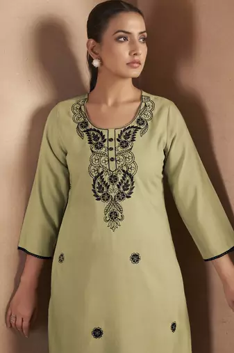 Pista green cotton blend chikankari embroidered kurta for women