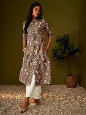 Women brown cotton ethnic motifs a-line kurta 1