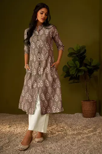 Women brown cotton ethnic motifs a-line kurta